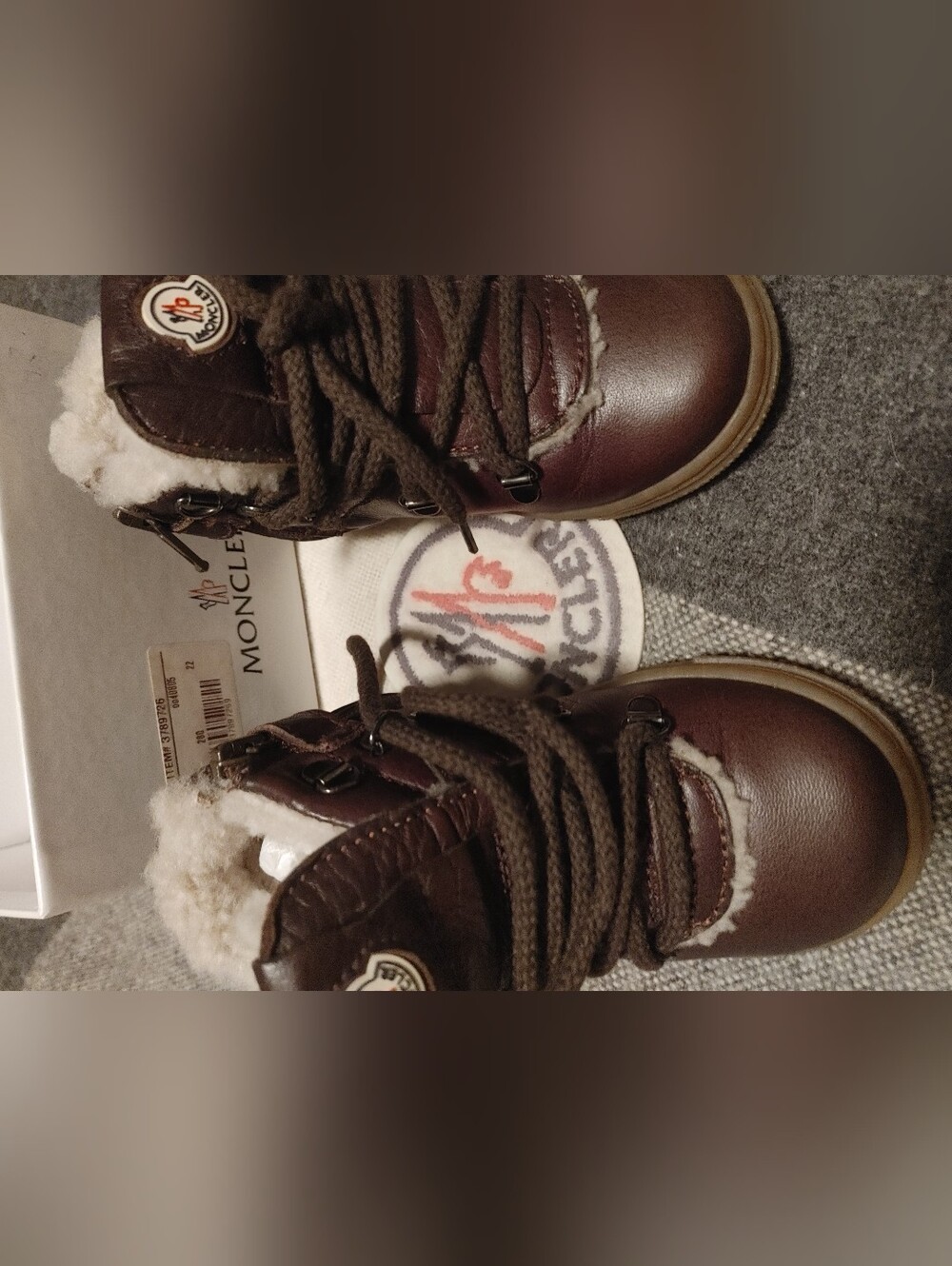 Moncler Kids Dark Brown Leather Shearling Lace-Up Boots